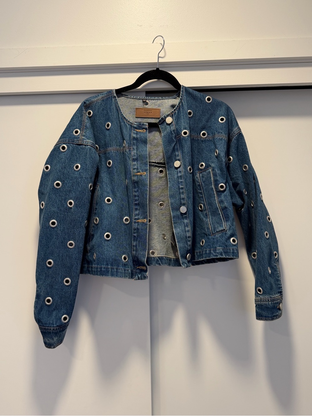 Blank NYC Blue Denim Jacket with Silver Eyelets